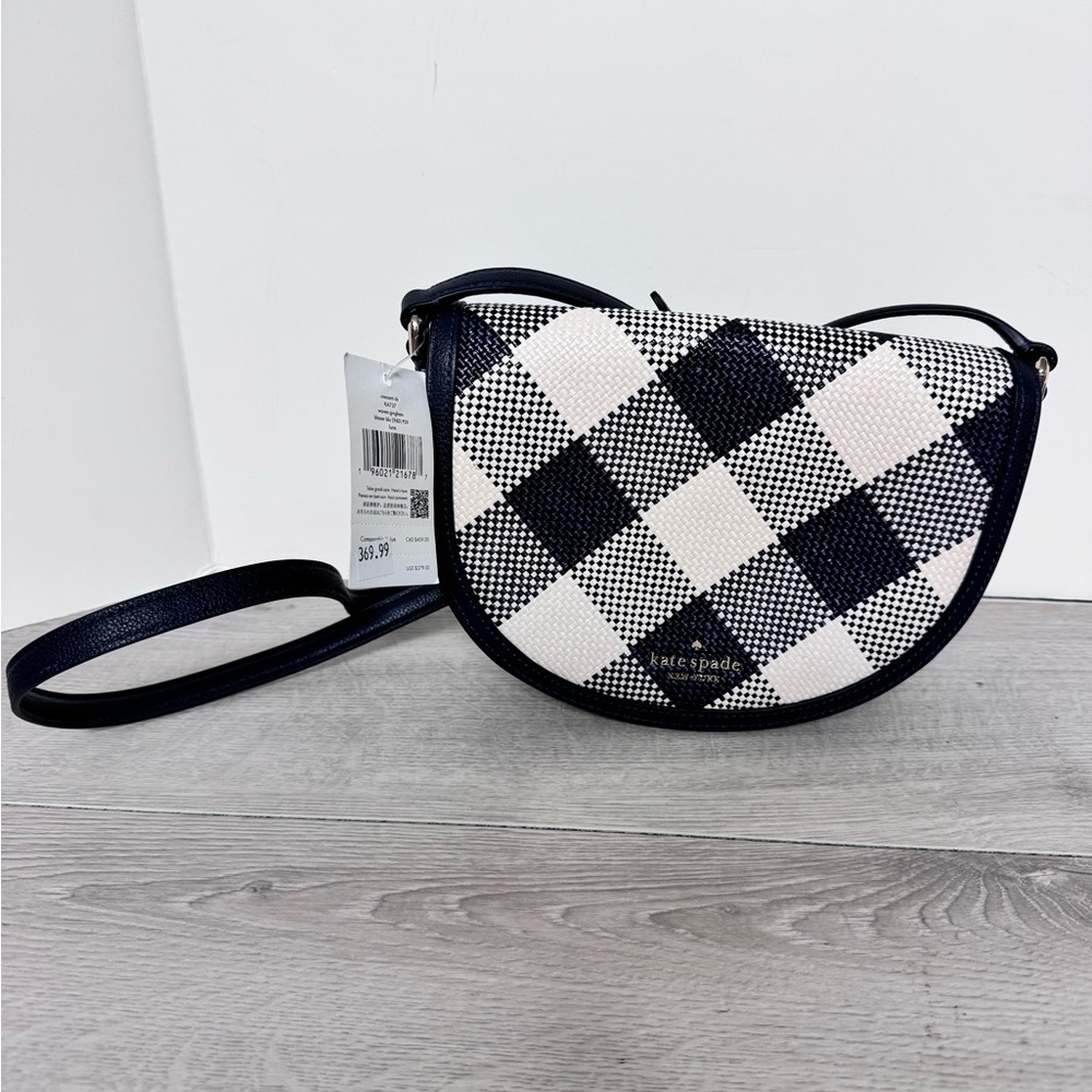 kate spade Blazer Blue Woven Gingham Check Saddle Crossbody Bag New